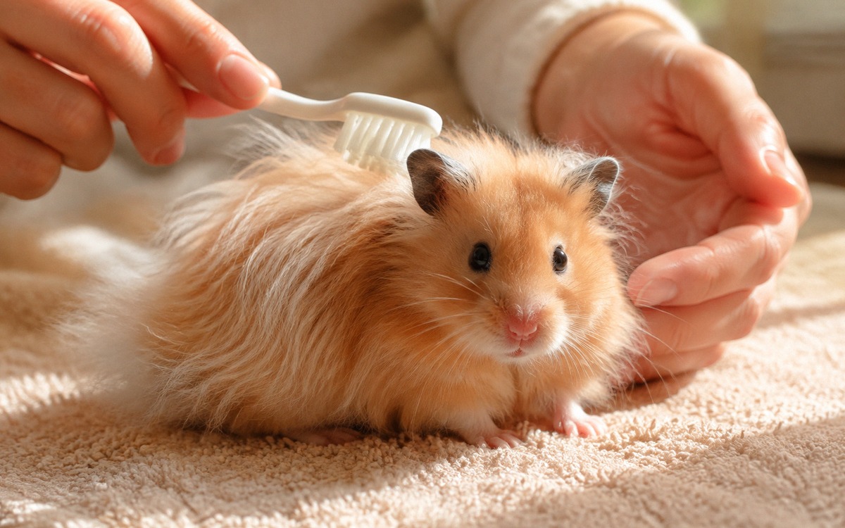 Close-up of a long-haired Syrian hamster being gently brushed with a soft small toothbrush by carefu
