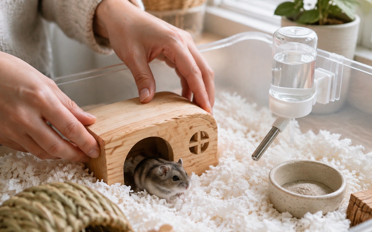 Close up of a careful owner preparing a quiet recovery corner for a dwarf hamster, clean paper beddi