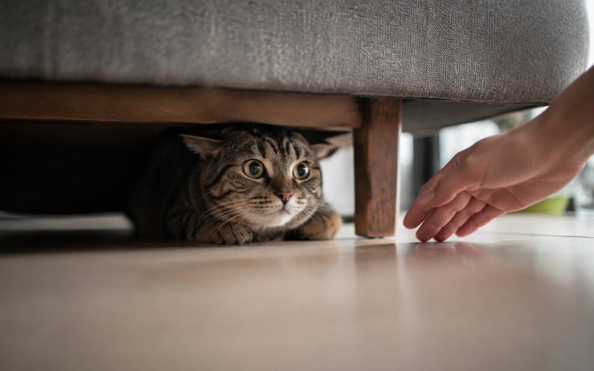 A frightened domestic shorthair cat under a sofa, ears slightly flattened, wide eyes, safe distance 