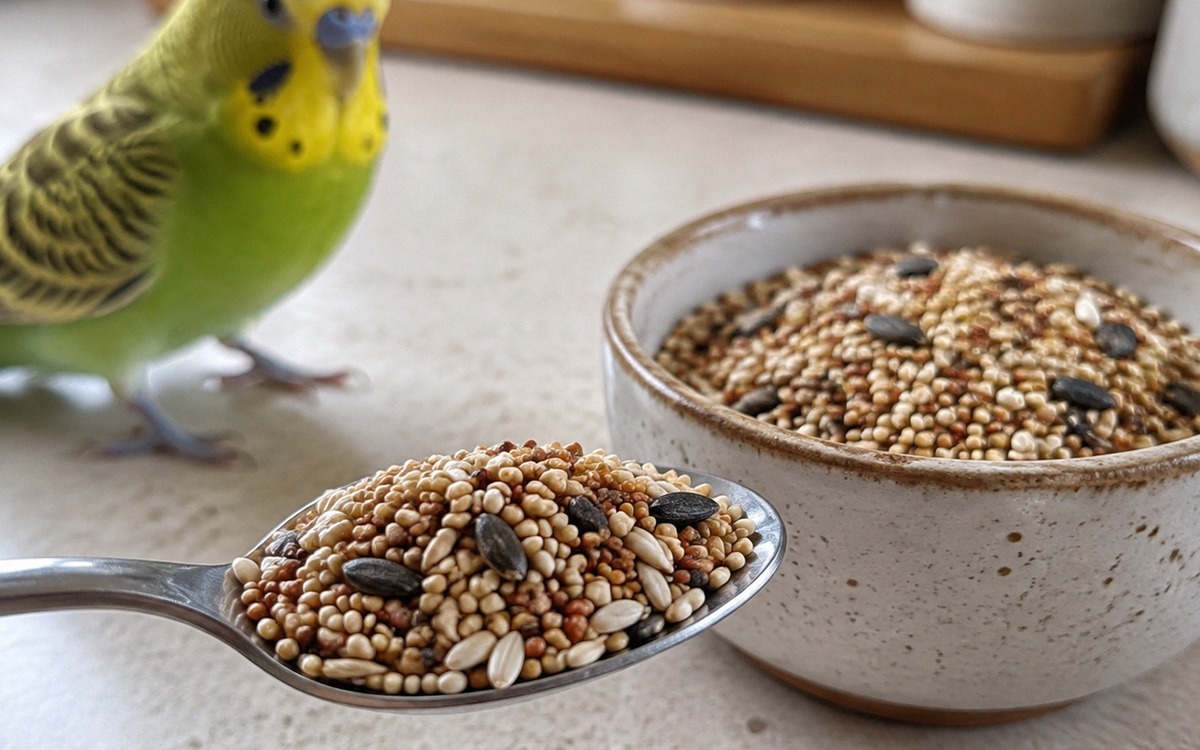 Close-up photorealistic scene of a teaspoon with budgerigar seed mix next to a small ceramic bird fo