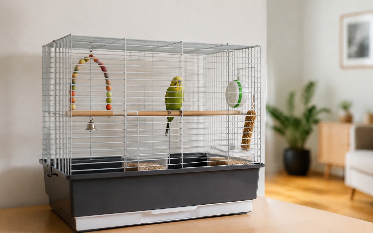 Photorealistic scene of a budgerigar cage placed at eye level near a wall in a quiet bright room, aw