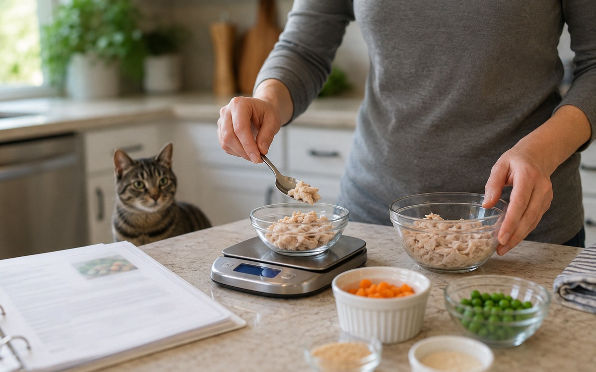 Close editorial photo of an owner accurately weighing cooked turkey and prepared cat-safe ingredient