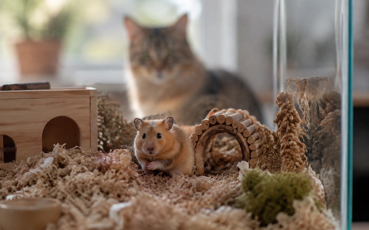 A photorealistic scene of a Syrian hamster in a well-designed enclosure with a wooden hideout and de