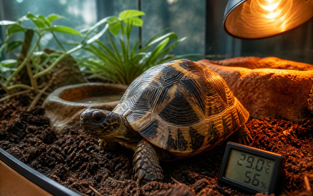 Photorealistic close-up of a tortoise basking under a heat lamp in a terrarium, digital thermometer 