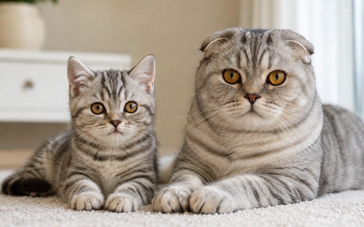 Close realistic portrait of a healthy Scottish Straight kitten and a Scottish Fold adult cat in a cl