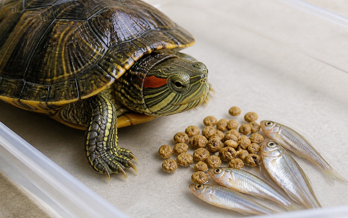 Close-up educational natural photograph of a small healthy red-eared slider turtle beside a carefull