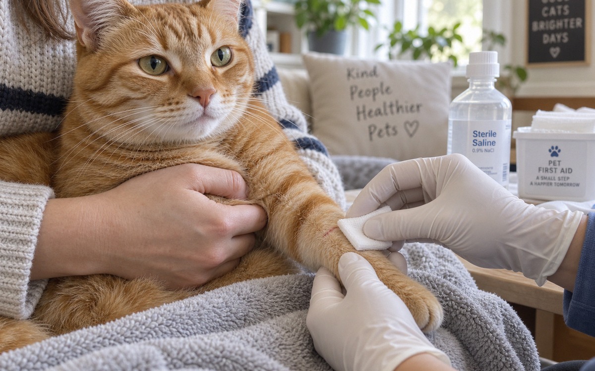 Close-up of a veterinarian-style safe first aid scene at home: gloved hands gently cleaning a small 