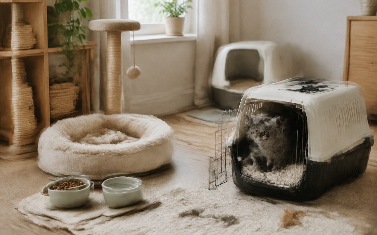 A carefully prepared quiet safe room for a newly moved cat: clean litter box placed away from water