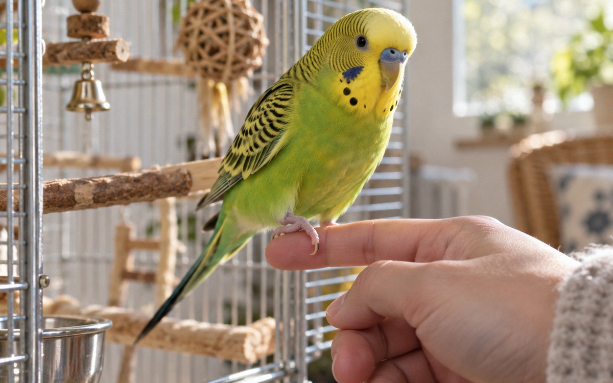 Close natural photograph of a young green and yellow budgerigar calmly stepping onto an owner's outs