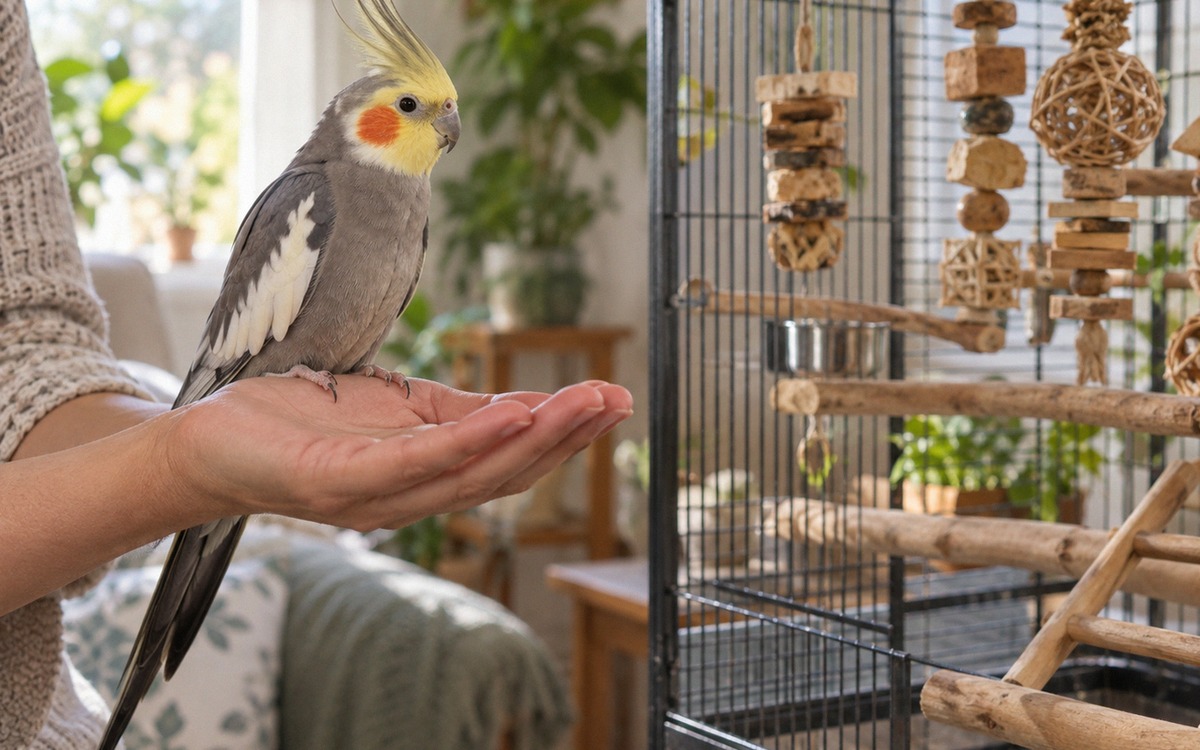 A friendly gray cockatiel with a yellow face and orange cheek patches sitting on an adult owner's re