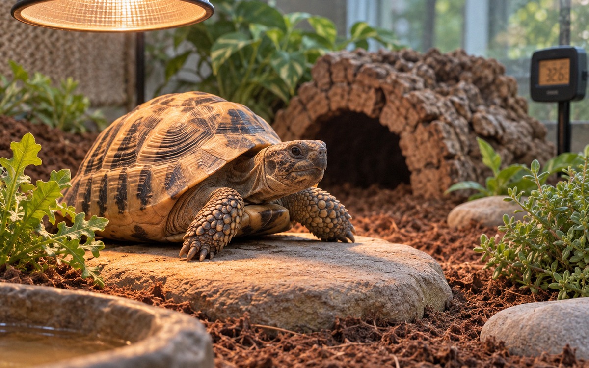 Close-up of a Mediterranean tortoise warming under a reptile heat lamp inside a well-designed terrar