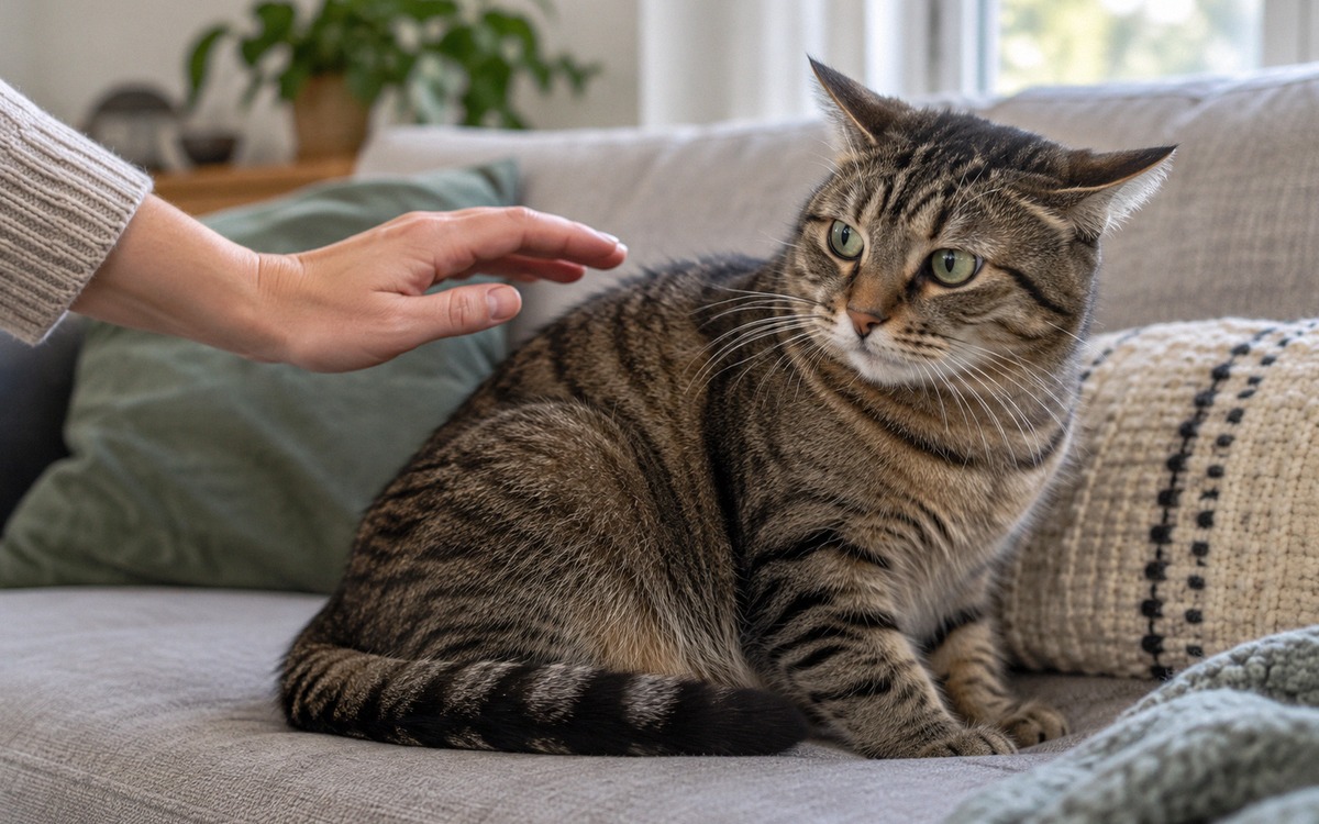 Realistic close-up photograph of a domestic tabby cat showing subtle warning body language during un