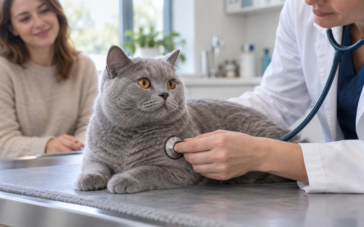 Close realistic veterinary examination of a gray British Shorthair cat breathing calmly on a clinic 