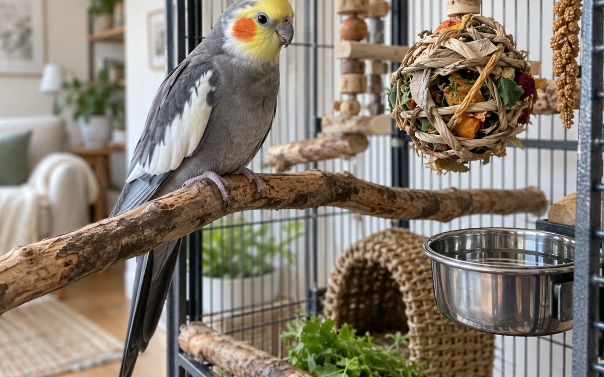 Realistic close lifestyle photograph of a cockatiel inside a well-arranged spacious cage, natural br