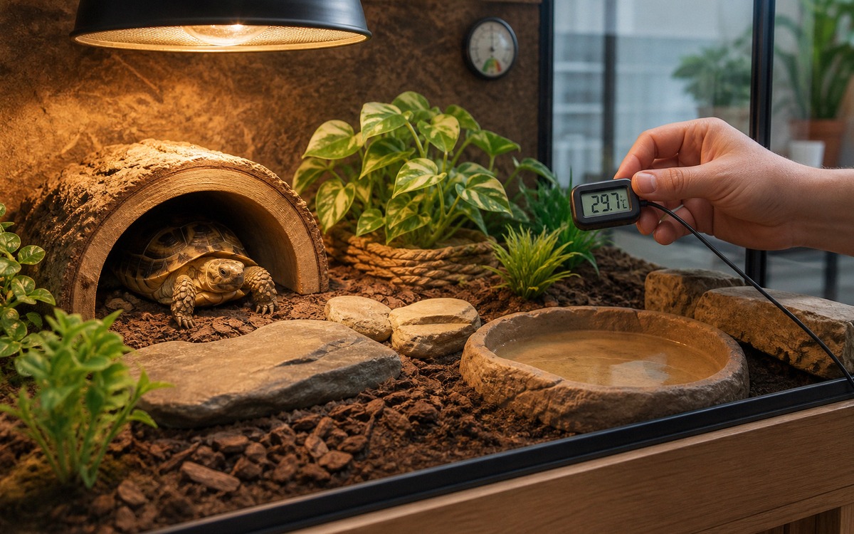 A small tortoise sitting partly inside a shelter under a warm basking lamp, terrarium setup with sep