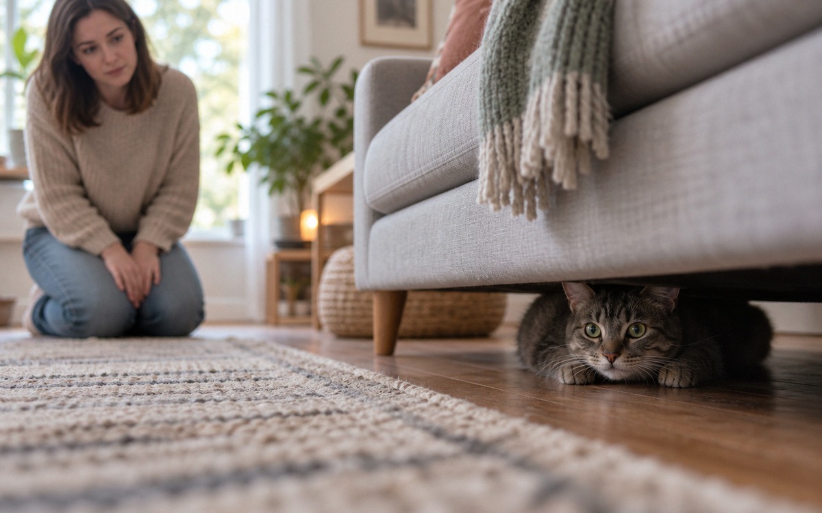 A domestic gray tabby cat hiding partly under a sofa in a home living room while its owner calmly kn