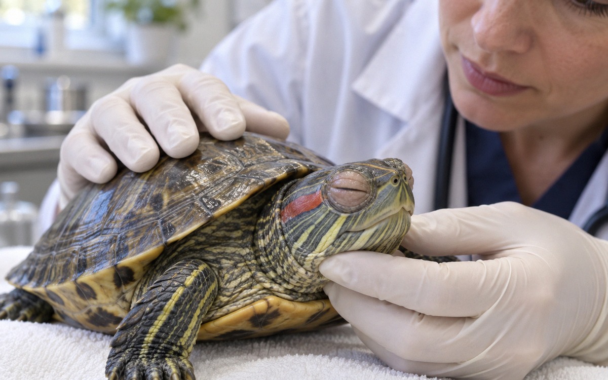 Close-up veterinary examination of a red-eared slider turtle with mildly swollen closed eyelids, an