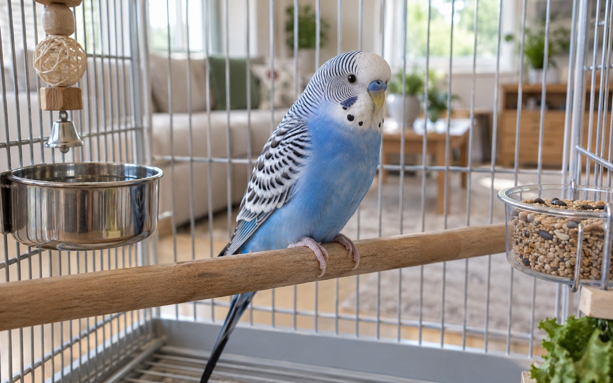 A realistic photograph of a newly arrived blue and white budgerigar resting quietly on a wooden perc