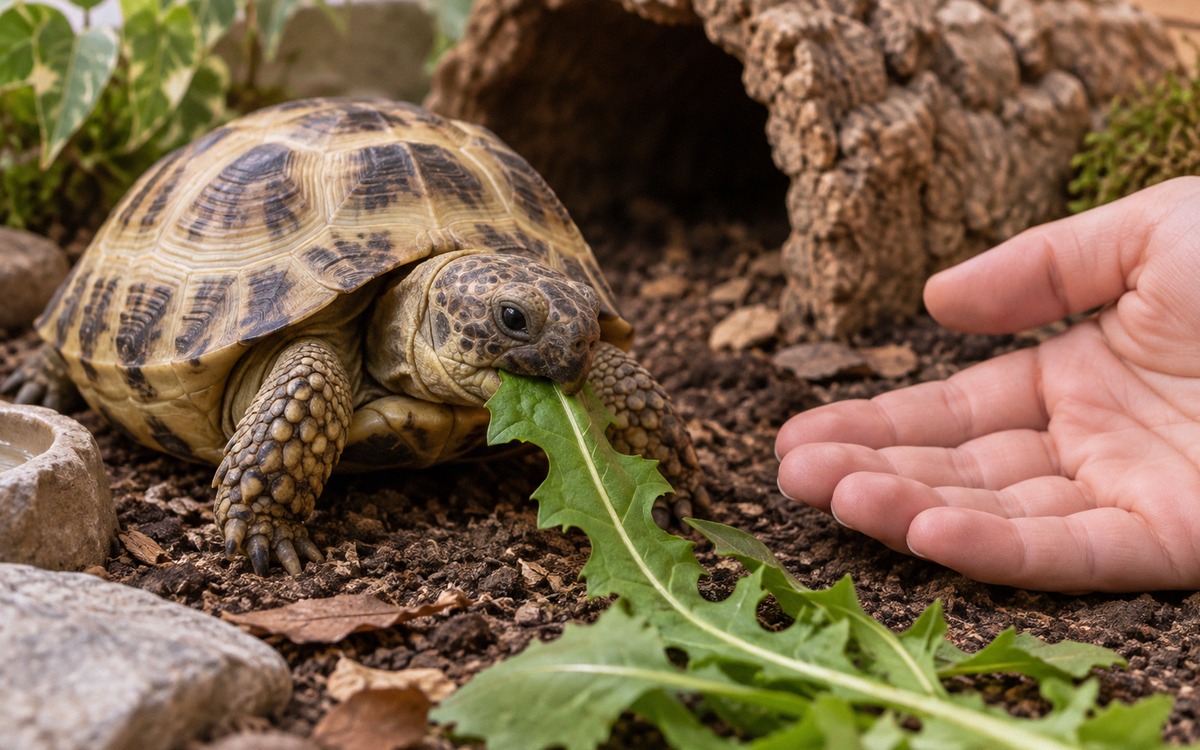 Close realistic scene of a small Russian tortoise eating a dandelion leaf near a still open human ha