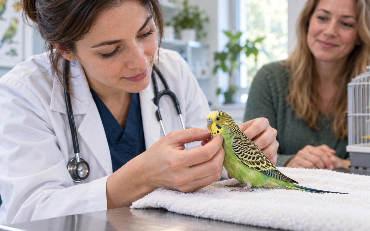 Close-up natural veterinary health scene: an alert avian veterinarian in a clean clinic examining a