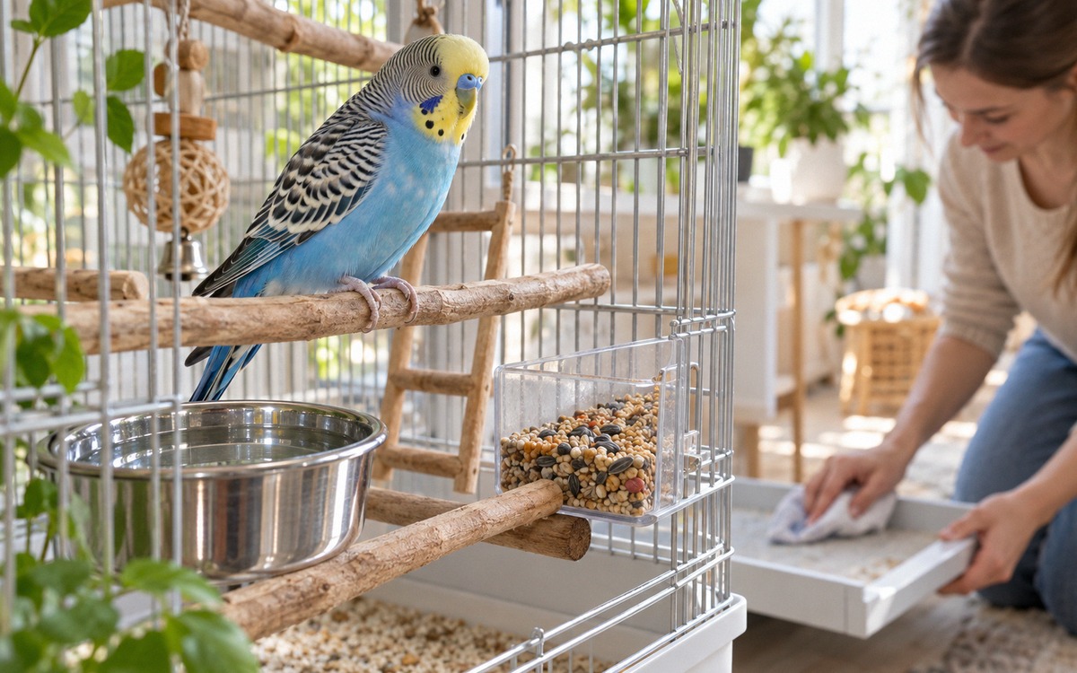 Close-up scene of a budgerigar in a clean home cage near a fresh water bowl and quality seed feeder,