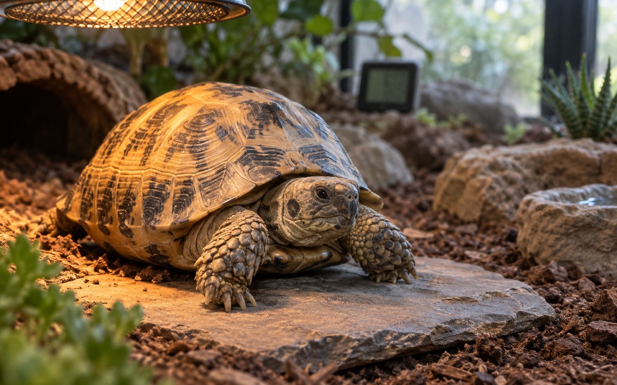 Close realistic photograph of a Central Asian tortoise basking calmly under a protected reptile heat