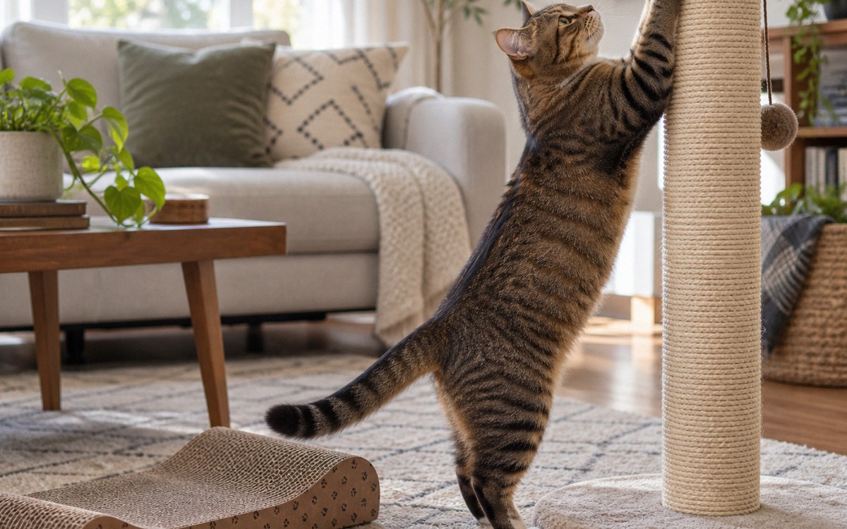 A realistic adult tabby cat choosing between a tall vertical sisal scratching post and a horizontal 