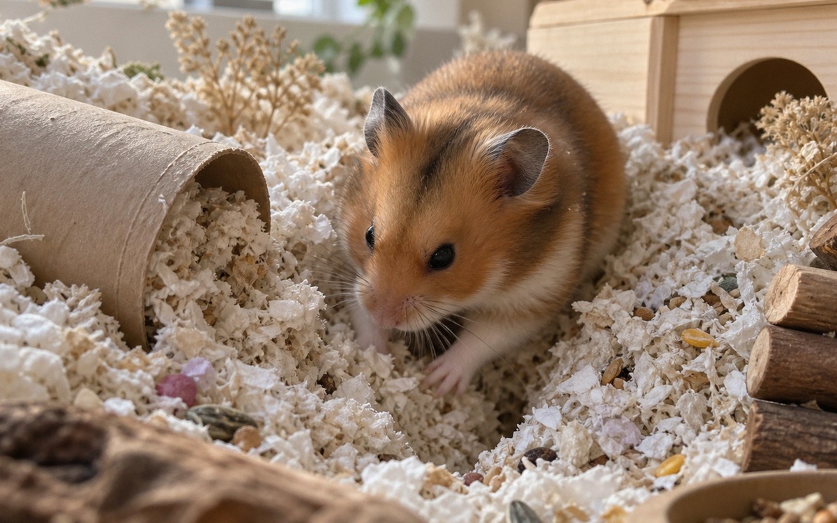 Photorealistic close-up of a Syrian hamster actively digging a tunnel in a deep layer of paper beddi