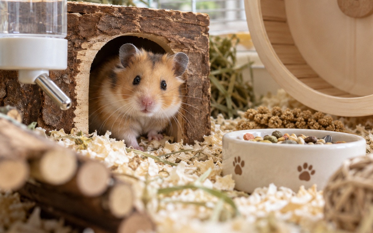 A small Syrian hamster cautiously peeking out from a wooden hideout in a well-equipped hamster cage,