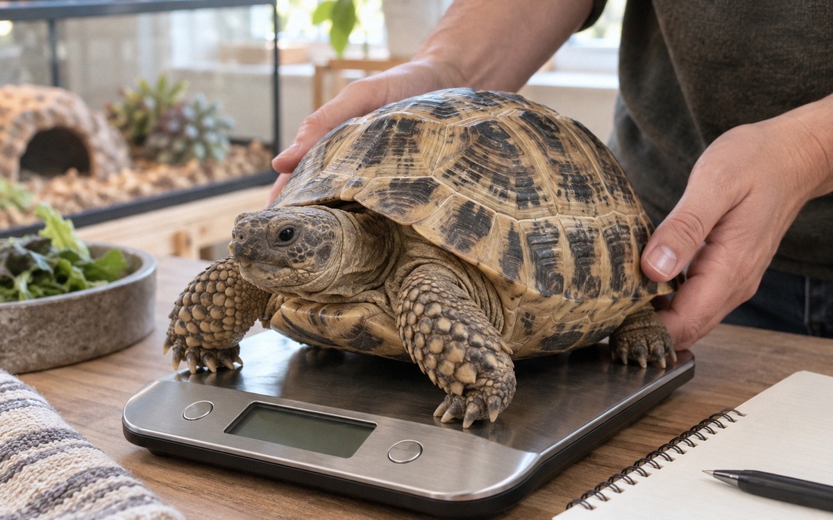 Close-up documentary style photo of a responsible pet owner gently weighing an adult Central Asian t