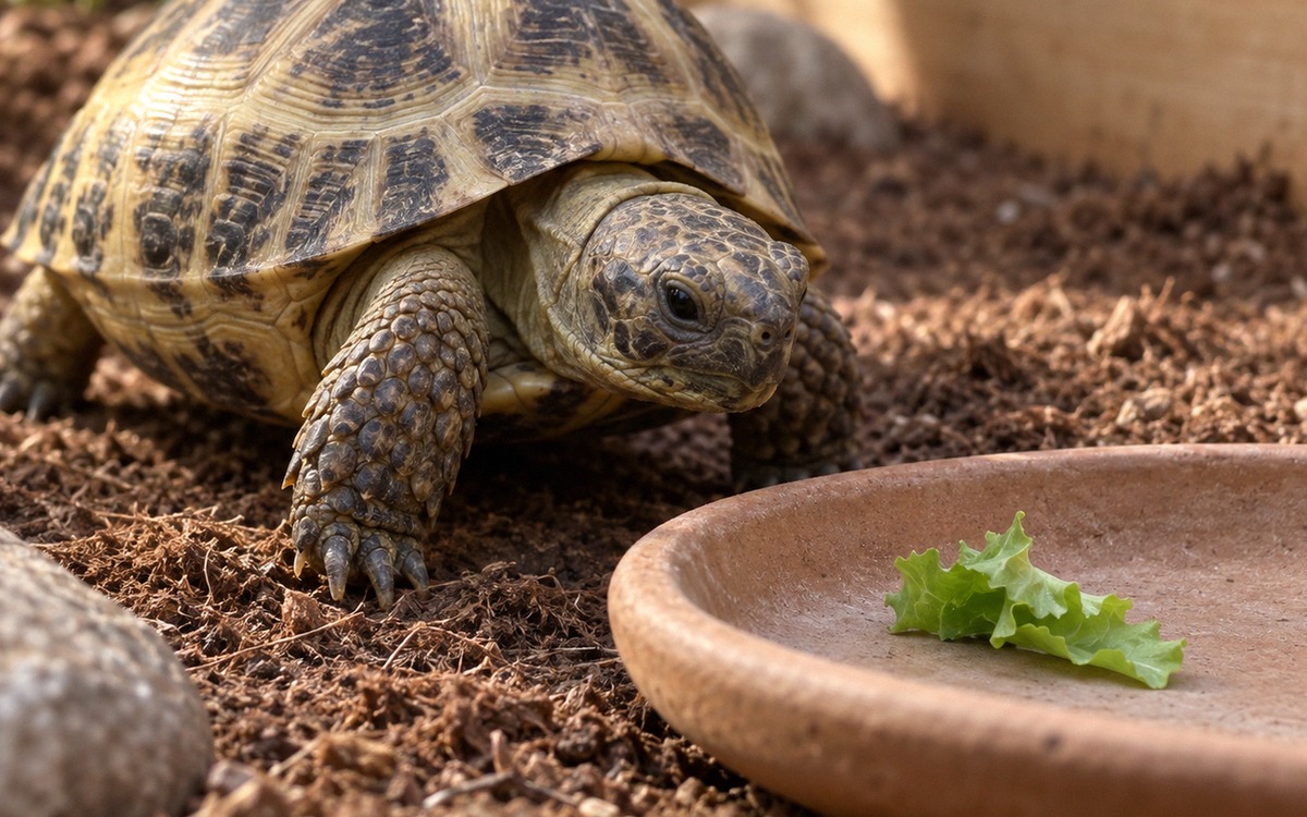 Close realistic scene of a healthy Russian tortoise in a safe training enclosure, approaching a tiny