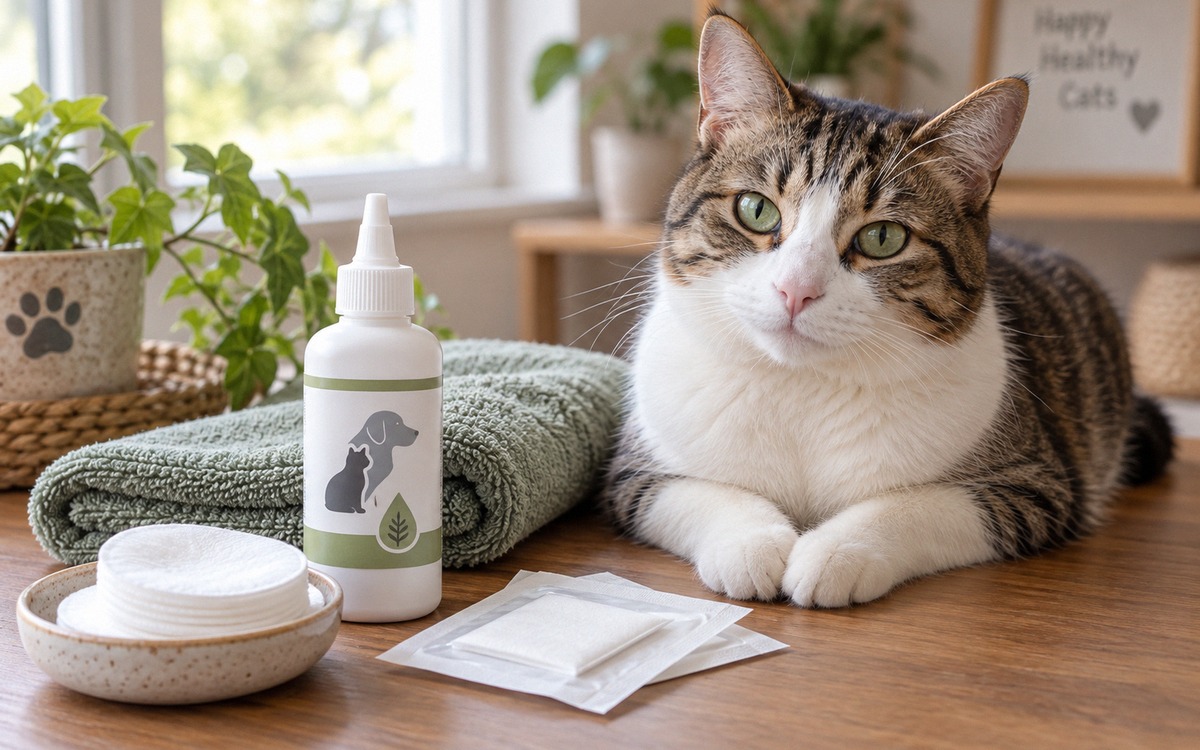Close-up tabletop scene for safe cat ear care: veterinary ear cleaning solution clearly styled as a 