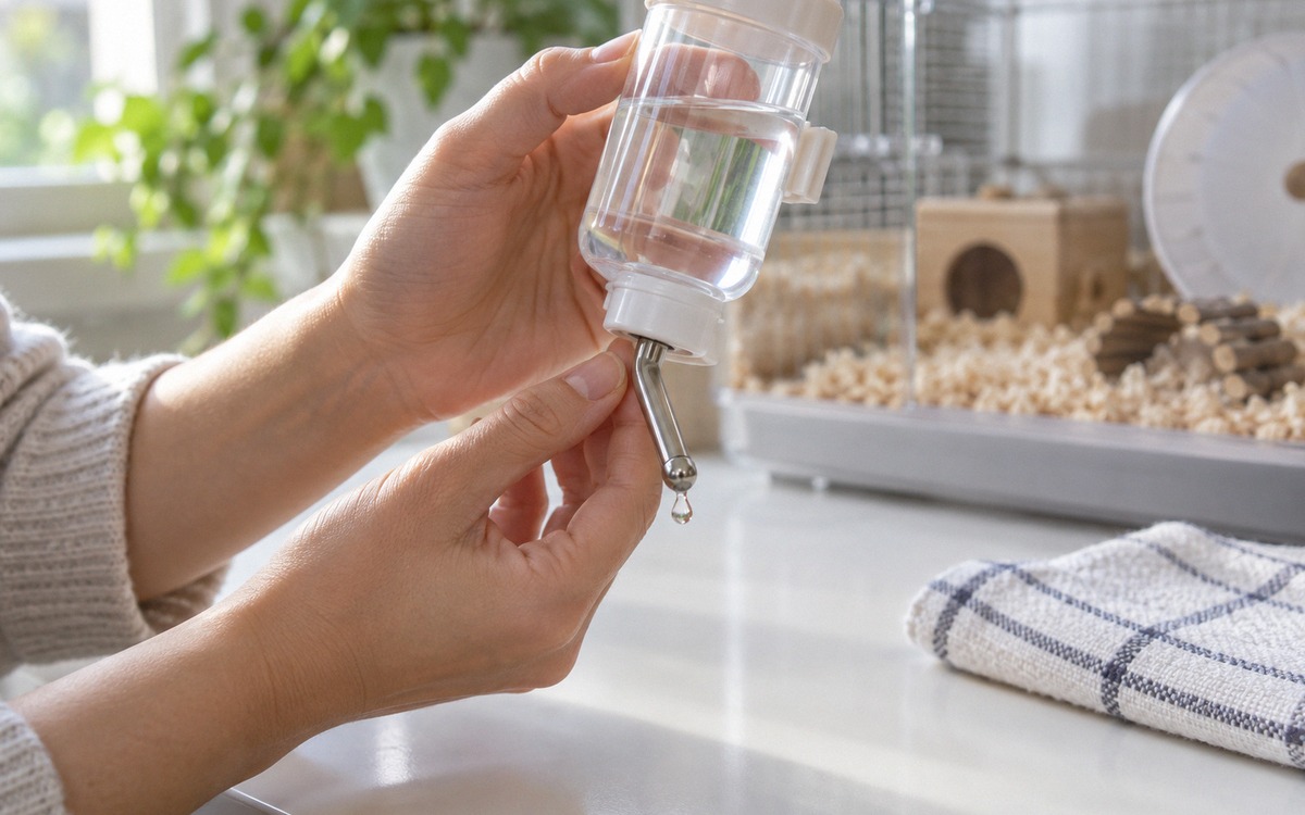 Close-up of human hands checking a small hamster water bottle with a metal ball-tip nozzle over a cl