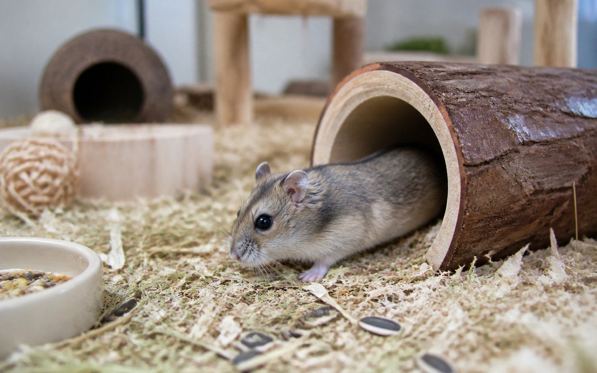 A small Chinese hamster with an elongated body exploring a wooden tunnel in a spacious enclosure, na