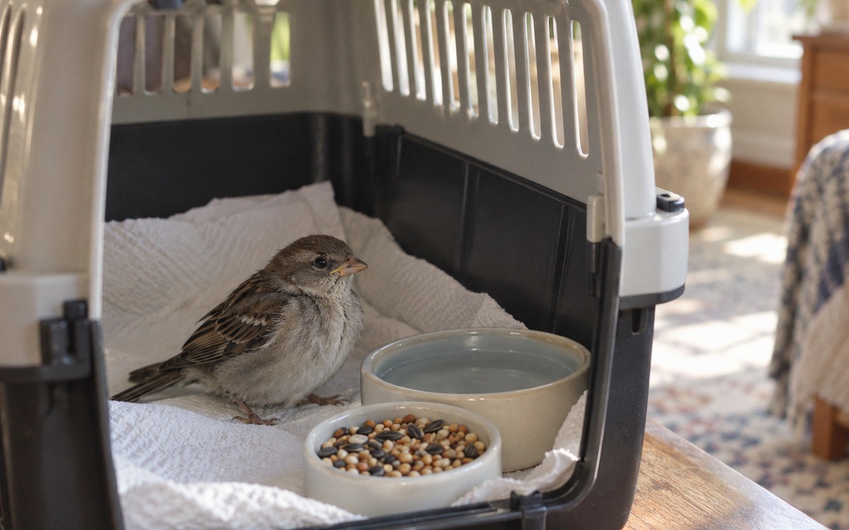 A close realistic photograph of a safe temporary recovery setup for a rescued bird: a small transpor