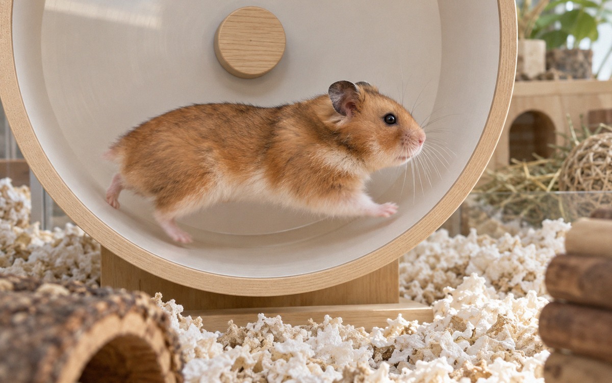 Close-up photorealistic view of a Syrian hamster running with a straight relaxed back in a correctly