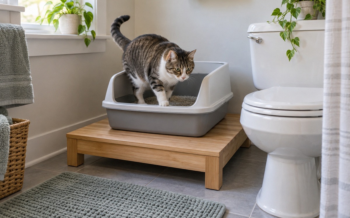 A curious domestic cat confidently stepping into a standard litter box raised on a wide stable woode