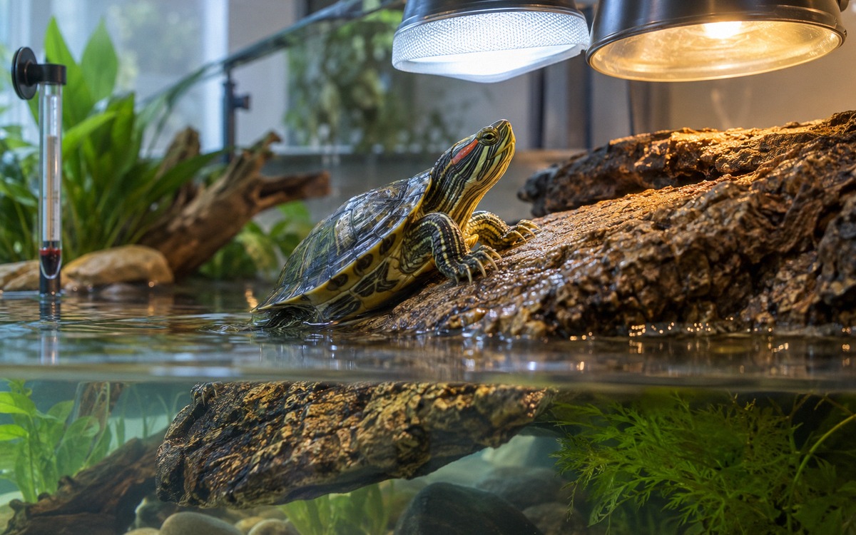 Close realistic view of a juvenile red-eared slider turtle climbing a gently sloped cork basking doc