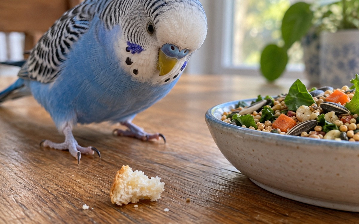 Close-up natural photo of a blue budgerigar looking curiously at a small plain bread crumb on a wood