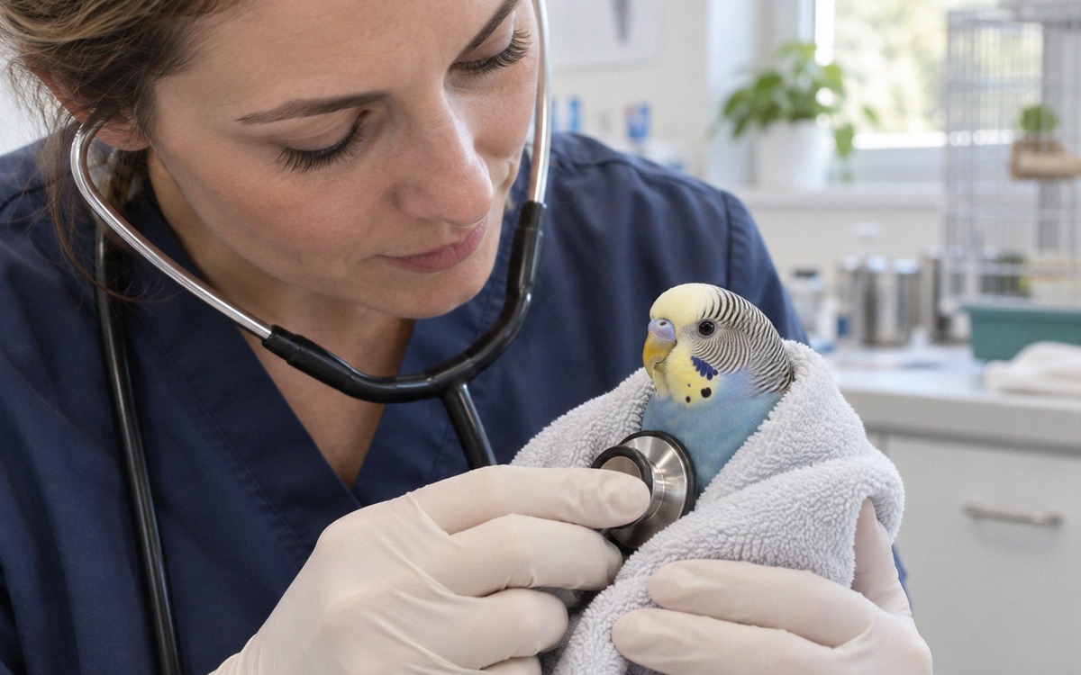 Close realistic veterinary examination of a small budgerigar by an avian veterinarian in a clean cli
