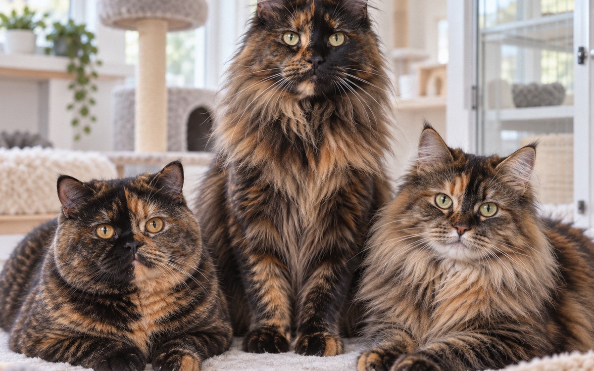 Three healthy pedigree tortoiseshell female cats together in a bright professional cattery room: a p