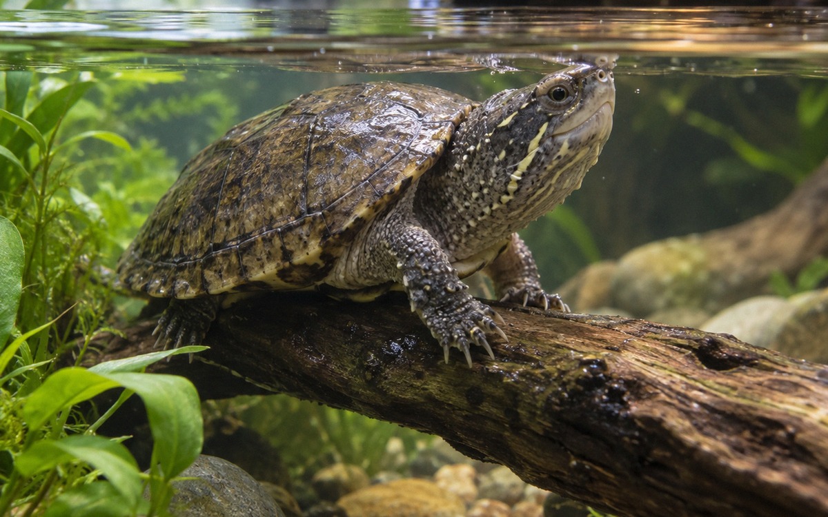 Close realistic scene of a small common musk turtle in a well maintained aquarium, turtle resting on