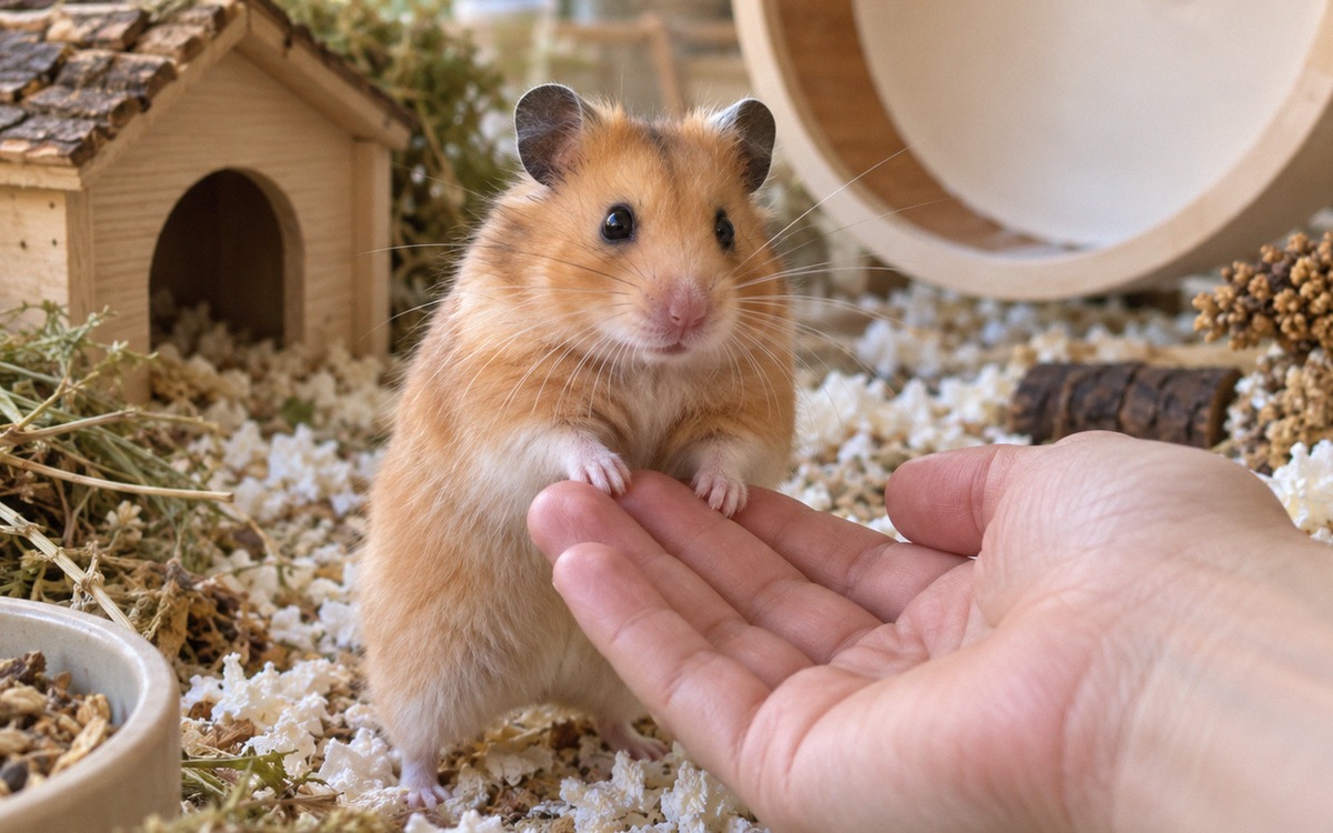 Natural photography of a calm golden Syrian hamster standing with front paws on a human open palm in