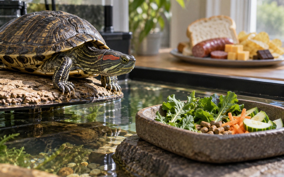 Close-up educational still life beside an aquarium: a red-eared slider turtle looking toward a feedi
