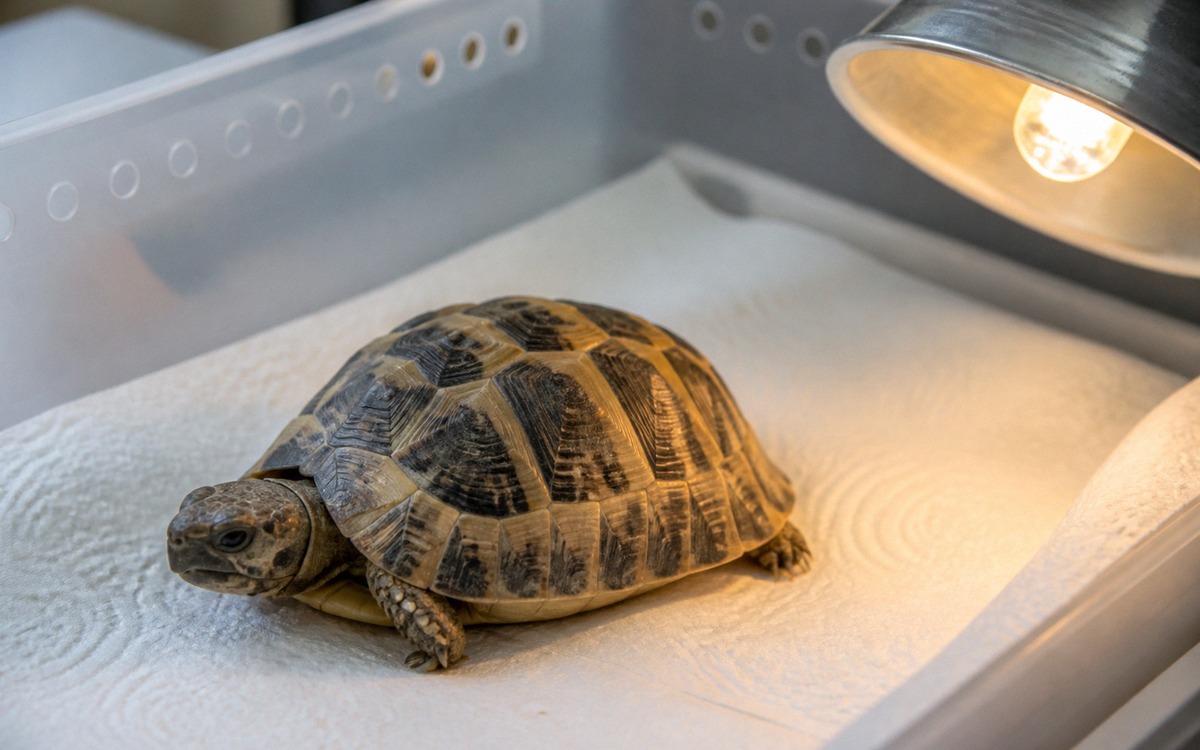 Photorealistic close-up of a small tortoise resting calmly in a clean ventilated plastic recovery bo
