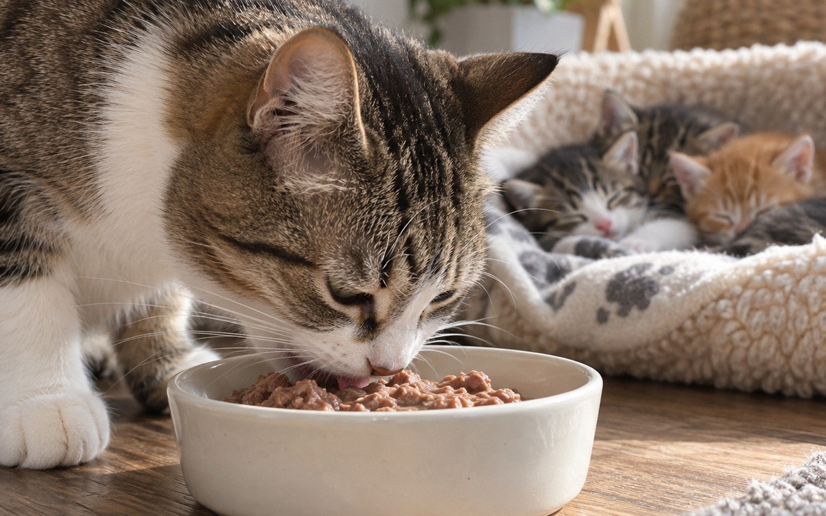 Close natural photograph of a nursing domestic cat eating premium wet cat food from a clean ceramic