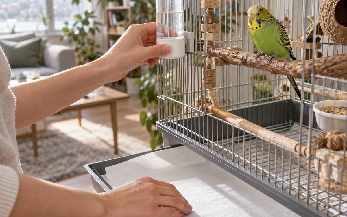 Close-up of an owner carefully refreshing a clean water dispenser and replacing paper liner in a bud