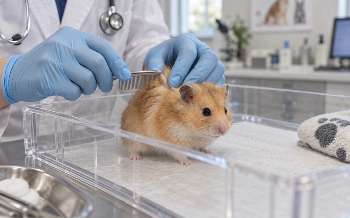 Natural veterinary examination scene: a small golden Syrian hamster calmly standing in a clear exami