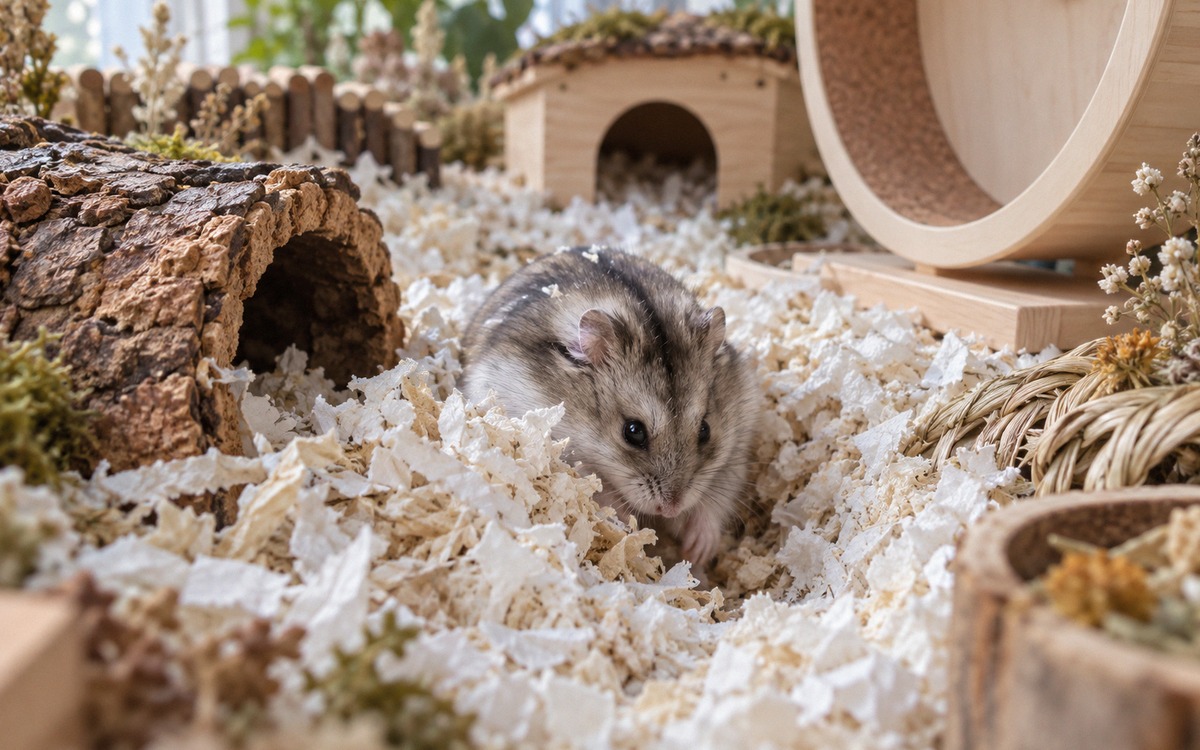 Close-up of a Djungarian hamster exploring a large well-equipped enclosure with deep paper bedding, 