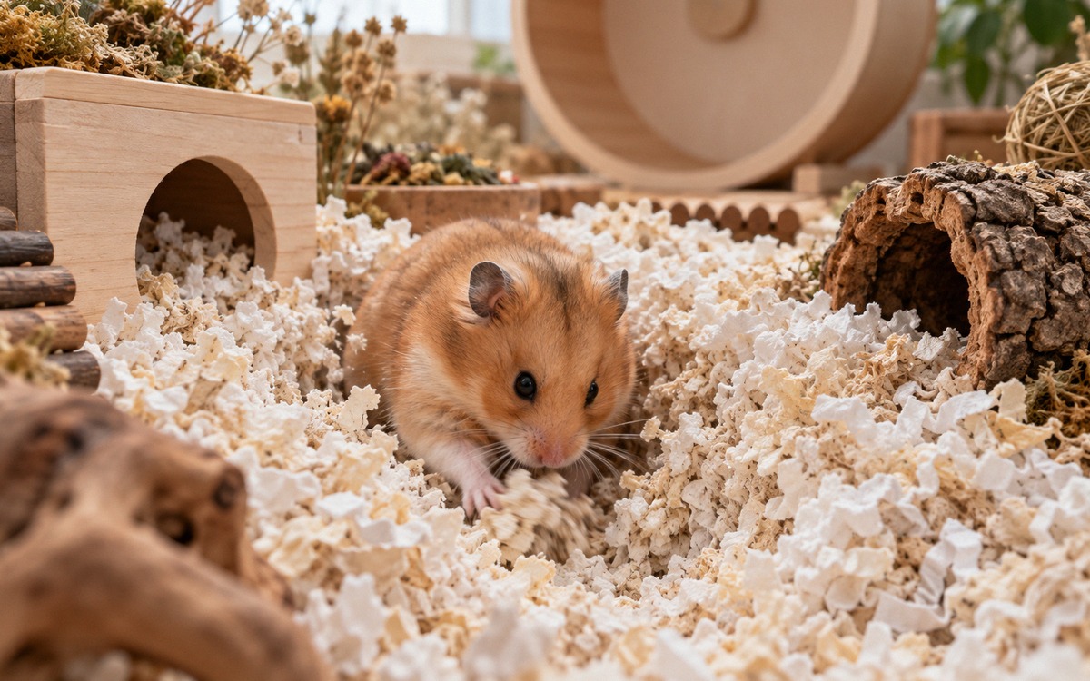 Close-up of a golden Syrian hamster digging an underground tunnel in a deep layer of clean paper bed